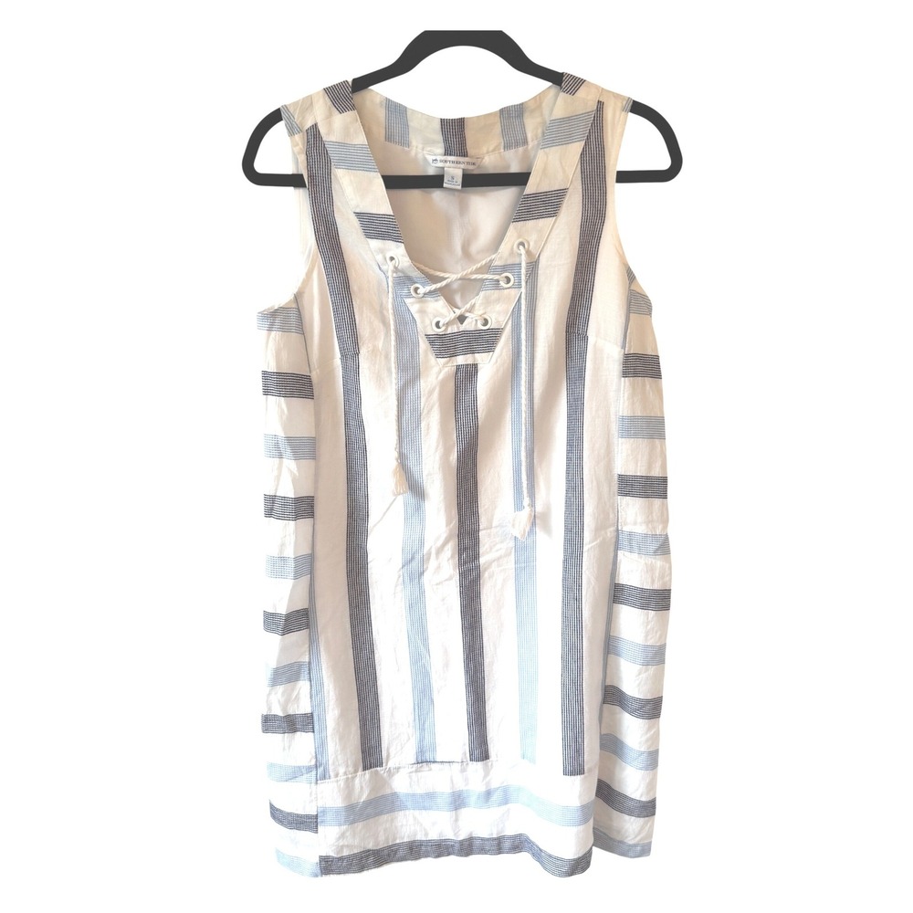 Southern Tide Womens Blue White Striped Lace Up Tassel Sleeveless Shift Dress S